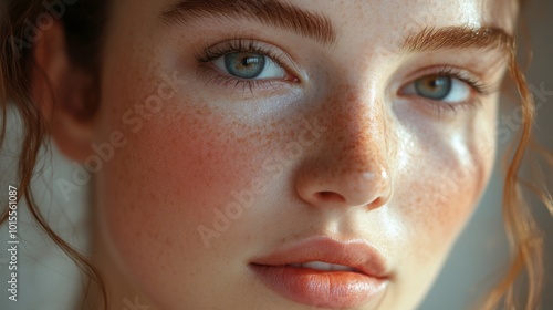 Close-up of a Young Woman with Freckles and Smooth Skin