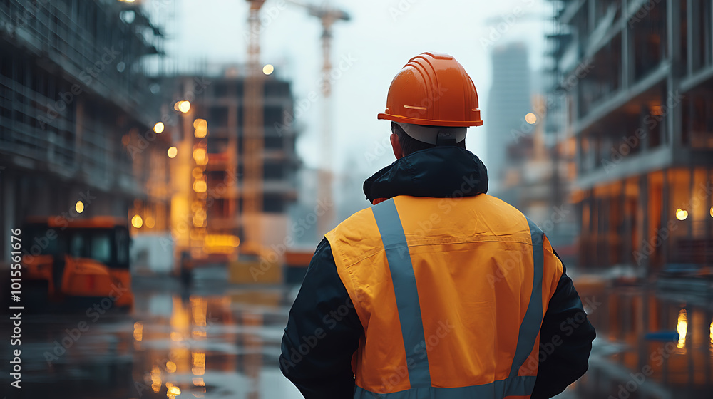 A construction worker in an orange vest and hard hat stands on a construction site, looking towards the ongoing work. A construction worker in an orange vest and hard hat stands on a construction site, looking towards the ongoing work.