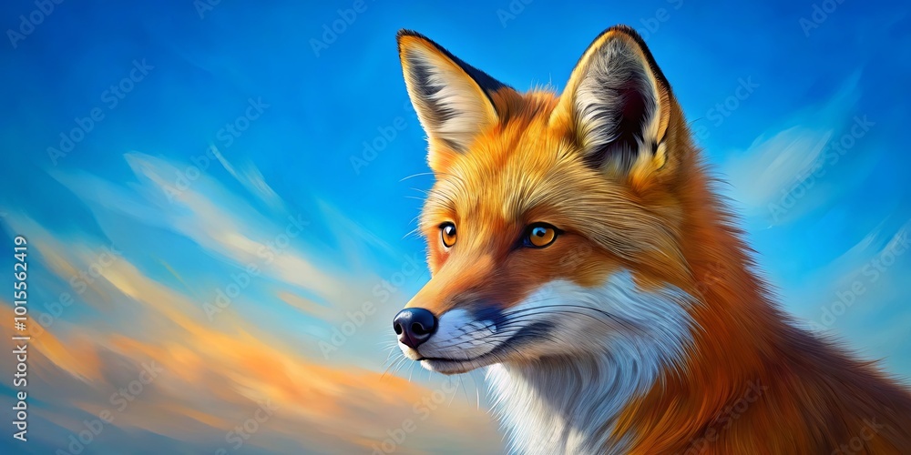Fototapeta premium A fox's gaze into the vast expanse of a sunset sky, with soft, brushstrokes of color creating a dreamy atmosphere.