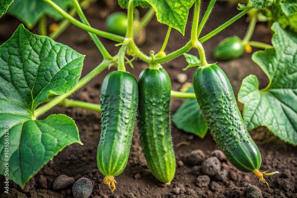 Gardening cucumbers growing in high angle view Gardening cucumbers growing in high angle view