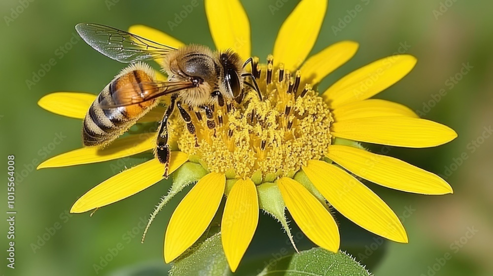 A close-up of a single sunflower head, its petals vibrant against the green background, with a bee pollinating the center. --chaos 70 A close-up of a single sunflower head, its petals vibrant against the green background, with a bee pollinating the center. --chaos 70