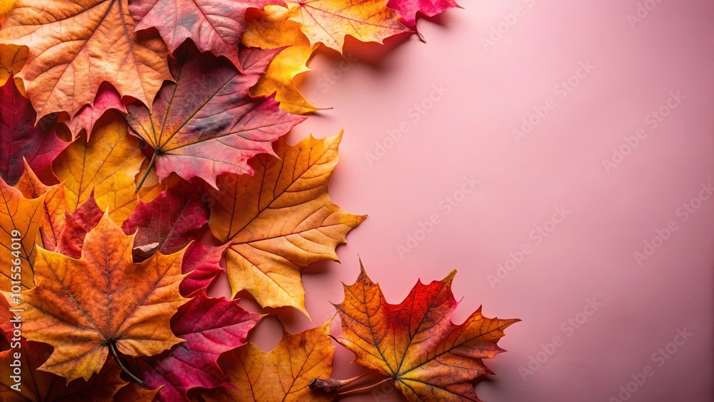 A symphony of autumn hues, vibrant maple leaves arranged in a captivating composition, their fiery colors dancing against a soft pink backdrop. A symphony of autumn hues, vibrant maple leaves arranged in a captivating composition, their fiery colors dancing against a soft pink backdrop.