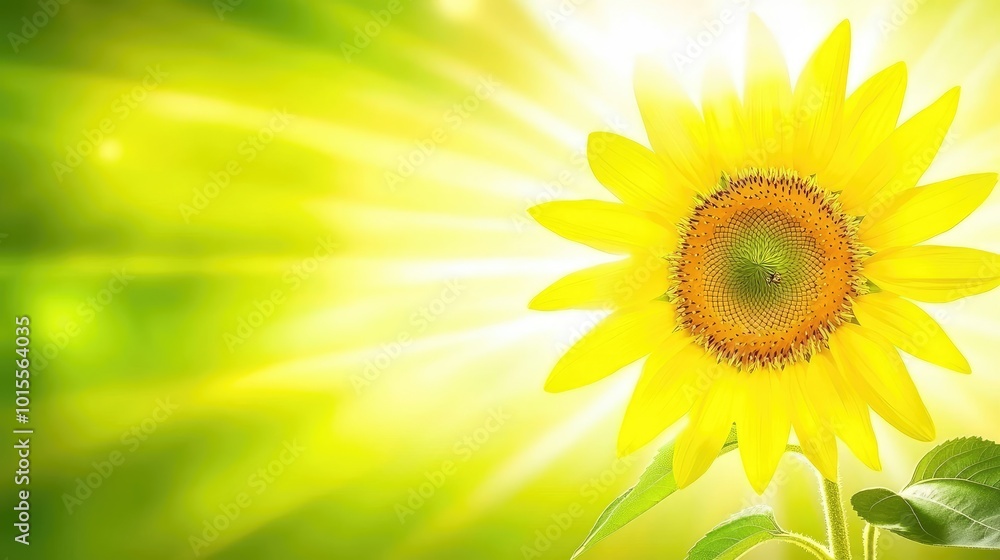 Obraz premium A close-up of a single sunflower head, its petals vibrant against the green background, with a bee pollinating the center. --chaos 70
