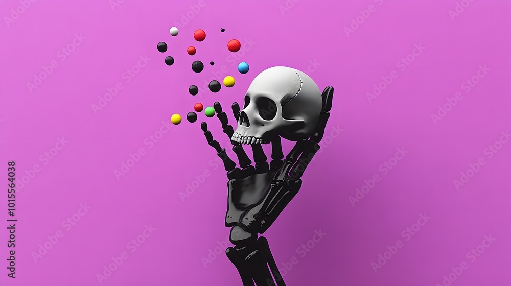 A black robotic hand holding a white skull against a vibrant pink background. A black robotic hand holding a white skull against a vibrant pink background.