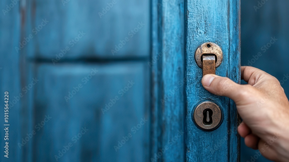 A hand reaching for a blue door handle, suggesting an invitation or entry. A hand reaching for a blue door handle, suggesting an invitation or entry.