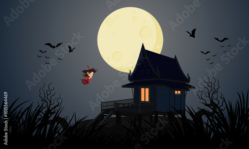 Halloween ghost release night. The Krasue ghost witch floats in the air near a Thai-style haunted house.