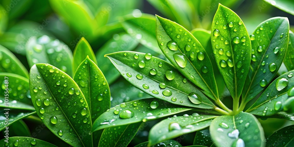 Obraz premium A Close-Up of Vibrant Green Leaves Adorned with Dew Drops, Sparkling with Freshness and Reflecting the Soft Light