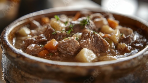 Hearty Meat Stew in Rustic Bowl