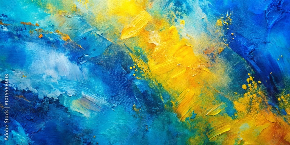A vibrant canvas of blue and yellow paint with scattered gold flecks, showcasing the beauty of abstract expressionism A vibrant canvas of blue and yellow paint with scattered gold flecks, showcasing the beauty of abstract expressionism