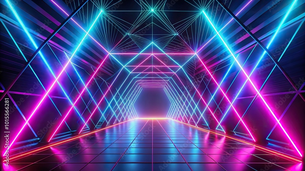 Obraz premium Geometric background with neon outlines and depth perspective reflected