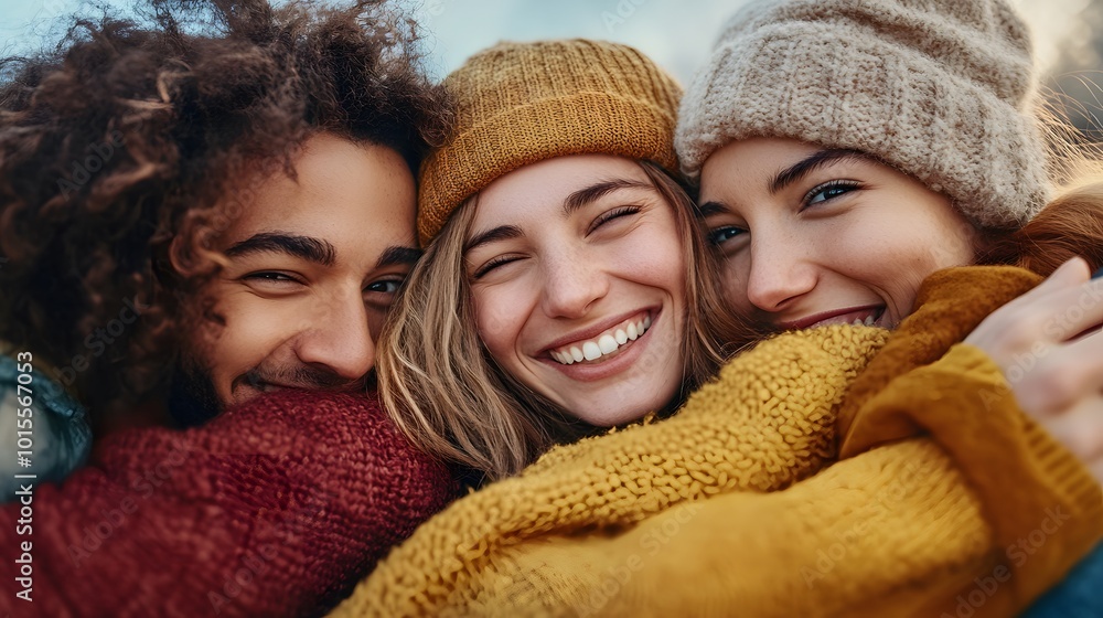 Close-up of Three Friends Hugging and Smiling Close-up of Three Friends Hugging and Smiling