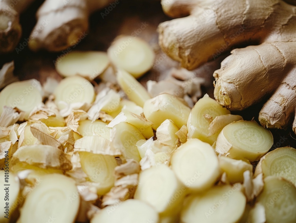 A close-up of sliced garlic and ginger, emphasizing their use in traditional healing practices A close-up of sliced garlic and ginger, emphasizing their use in traditional healing practices