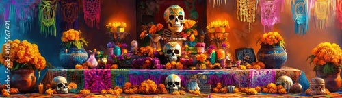 A vibrant Day of the Dead altar with colorful decorations, skulls, and marigold flowers celebrating life and remembrance.