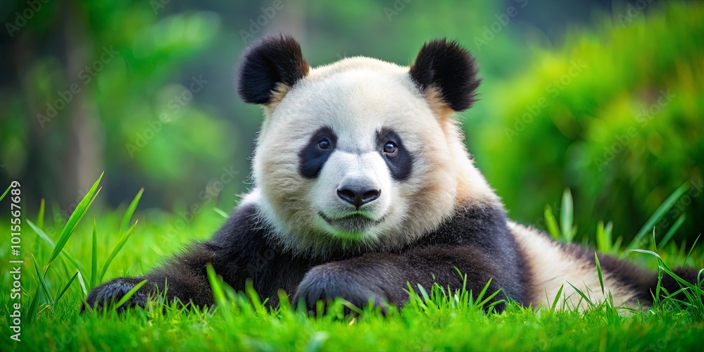 Obraz premium A Relaxed Panda Bear Resting in a Lush Green Meadow, Basking in the Warm Sun, its Fur Glowing with Serenity