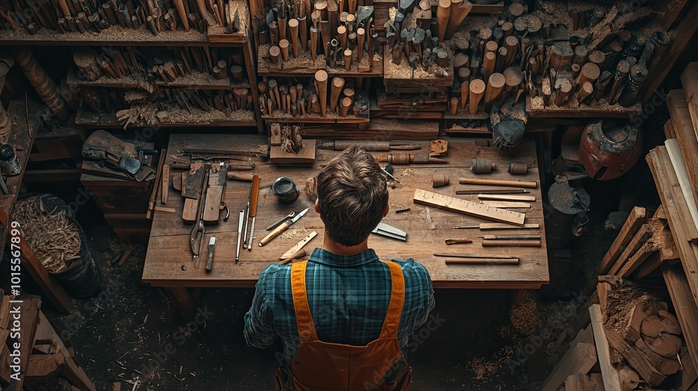 Carpenter working in a cluttered workshop Carpenter working in a cluttered workshop