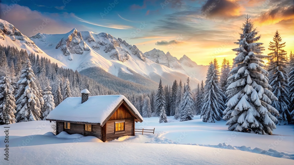 A Rustic Cabin Nestled Amidst a Snowy Wilderness, Bathed in the Golden Light of a Setting Sun, With Towering Mountains in the Distance A Rustic Cabin Nestled Amidst a Snowy Wilderness, Bathed in the Golden Light of a Setting Sun, With Towering Mountains in the Distance