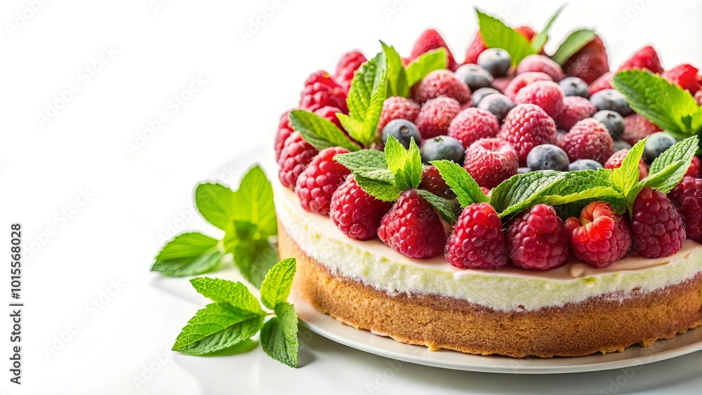 A Delicate Dessert with a Layer of Creamy Filling Topped with Fresh Raspberries, Blueberries, and Mint Leaves