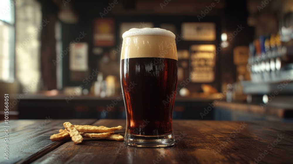 Dark Beer with Foam and Snacks on Wooden Table Dark Beer with Foam and Snacks on Wooden Table