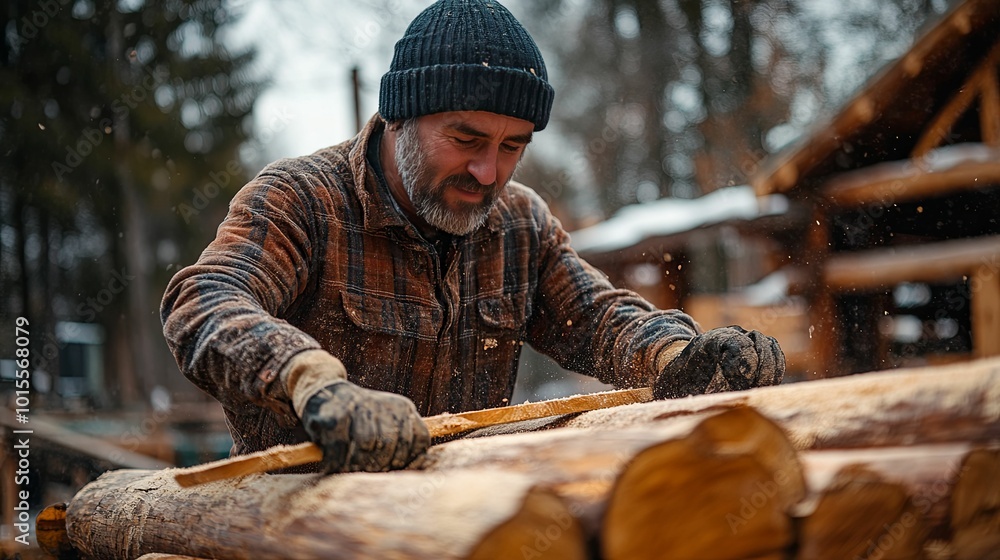 A Man Working with Wood in a Forest Setting A Man Working with Wood in a Forest Setting
