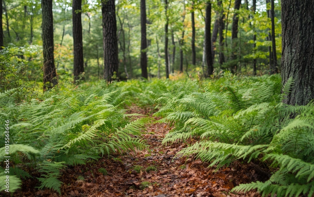 A collection of ferns growing along a forest trail, their leaves gently swaying in the breeze A collection of ferns growing along a forest trail, their leaves gently swaying in the breeze
