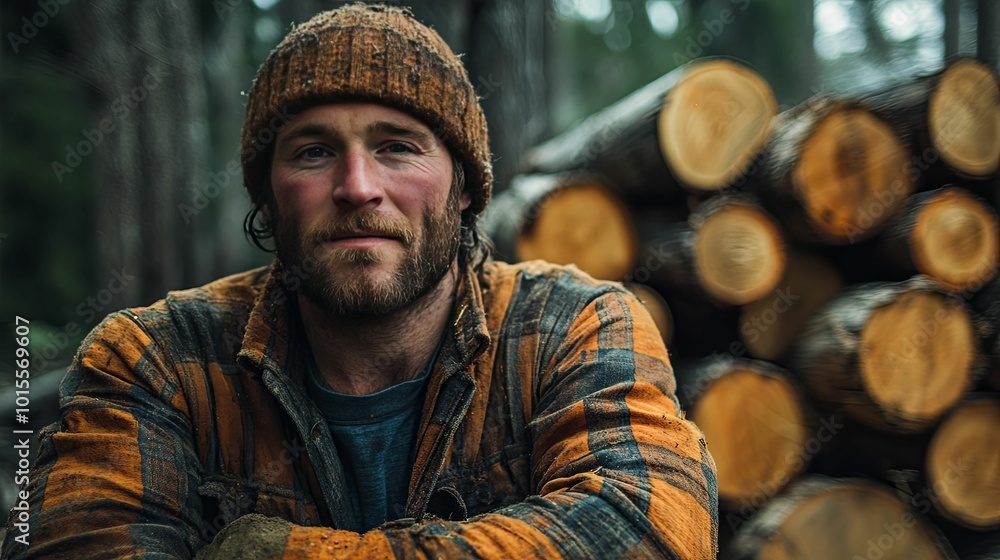 A Lumberjack in a Flannel Shirt Looks Steadfastly at the Camera A Lumberjack in a Flannel Shirt Looks Steadfastly at the Camera