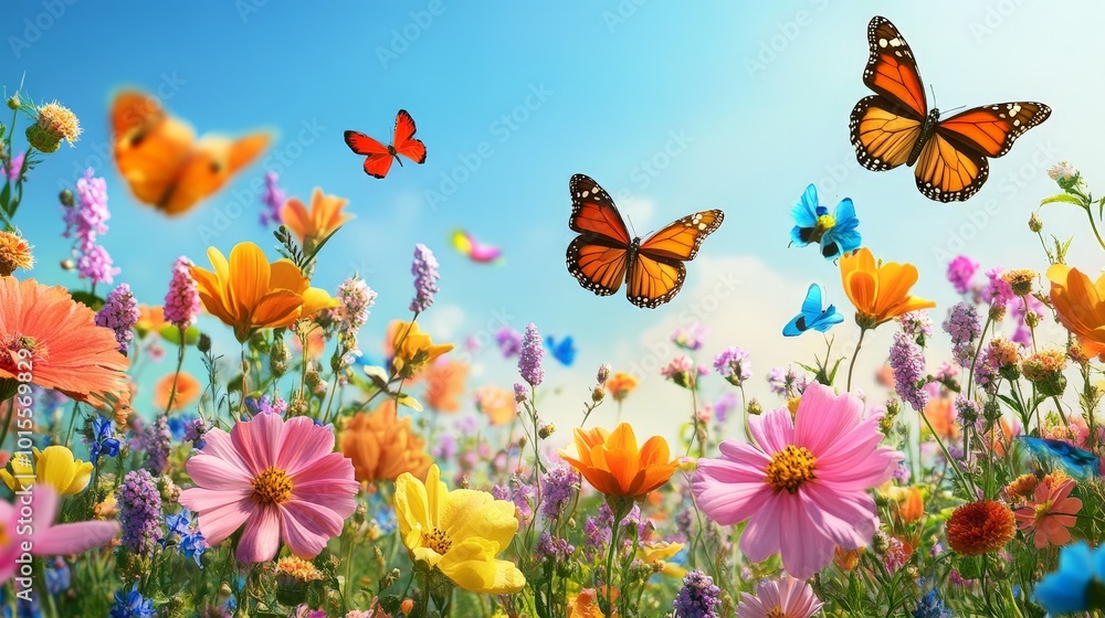 A colorful flower garden in full bloom, with butterflies fluttering among the flowers A colorful flower garden in full bloom, with butterflies fluttering among the flowers