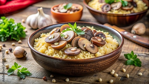 A Rustic Bowl of Creamy Couscous Topped with Saut?ed Mushrooms and Parsley on a Wooden Table