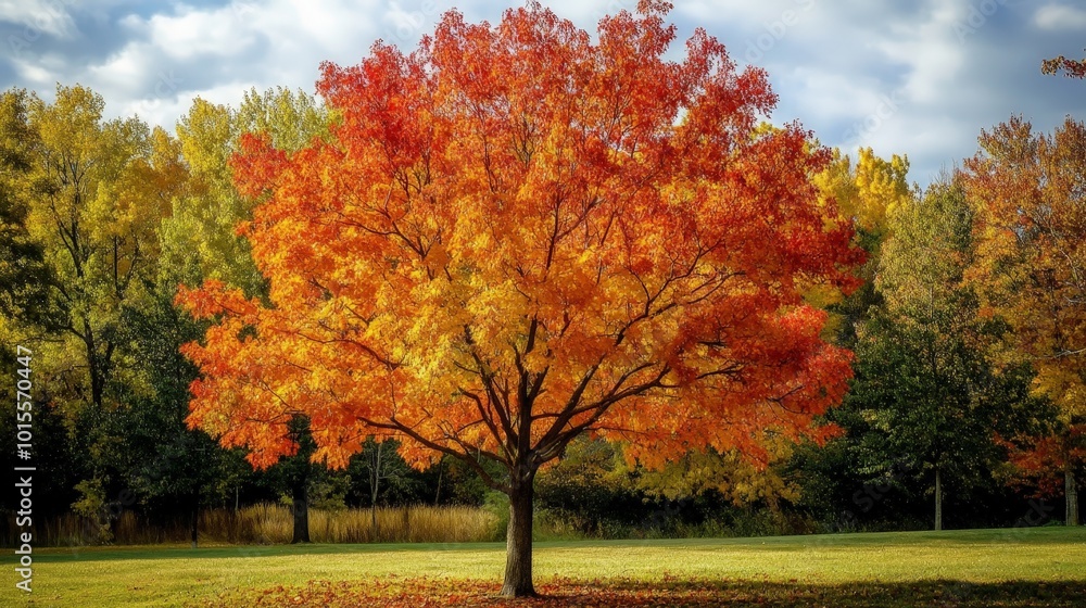 Naklejka premium A deciduous tree in autumn, its leaves a brilliant array of red, orange, and yellow, ready to fall