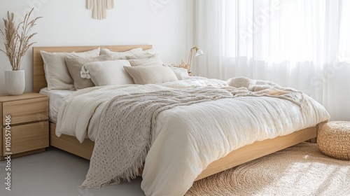 A beautifully arranged bedroom featuring a large bed with multiple pillows and soft bedding in neutral shades