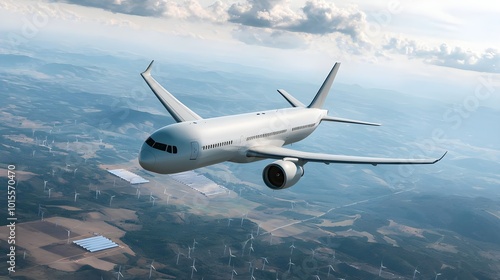 Airplane Flying Over Wind Turbines