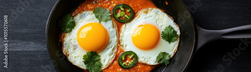 Skillet Huevos Rancheros with baked eggs, spicy tomato sauce, and melted cheese, garnished with cilantro and jalapenos, Skillet Huevos Rancheros, Mexican Comfort Food