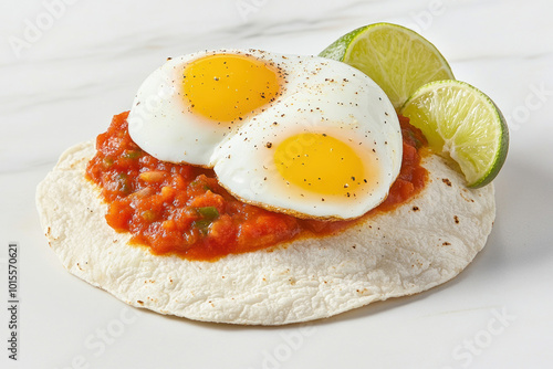 Openfaced Huevos Rancheros on crispy corn tortillas, topped with sunny eggs, spicy salsa, and a side of lime wedges, OpenFaced Huevos Rancheros, Bold Mexican Flavors photo