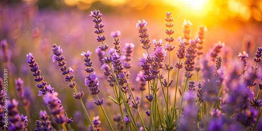 Naklejka premium Golden Light Illuminates a Field of Blooming Purple Flowers, Creating a Stunning Display of Nature's Beauty