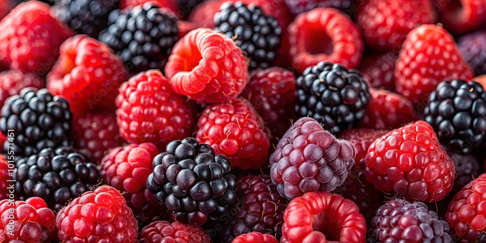 A Close-Up of a Collection of Fresh Blackberries and Raspberries, Exhibiting a Vibrant and Juicy Contrast in Color and Texture. A Close-Up of a Collection of Fresh Blackberries and Raspberries, Exhibiting a Vibrant and Juicy Contrast in Color and Texture.