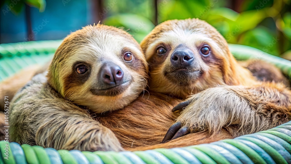 Naklejka premium A pair of sloths snuggle close together, their soft fur contrasting against the vibrant green background, exuding an aura of warmth and contentment.