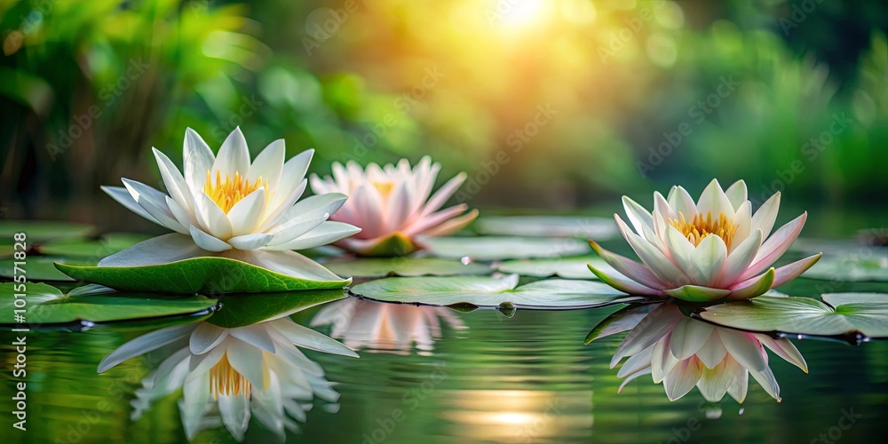 Water Lily Reflections in a Serene Pond, Illuminated by the Warm Glow of the Setting Sun Water Lily Reflections in a Serene Pond, Illuminated by the Warm Glow of the Setting Sun