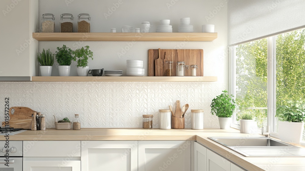 Fototapeta premium A bright kitchen features wooden shelves adorned with potted plants and neatly arranged kitchenware, capturing a clean and minimalistic design