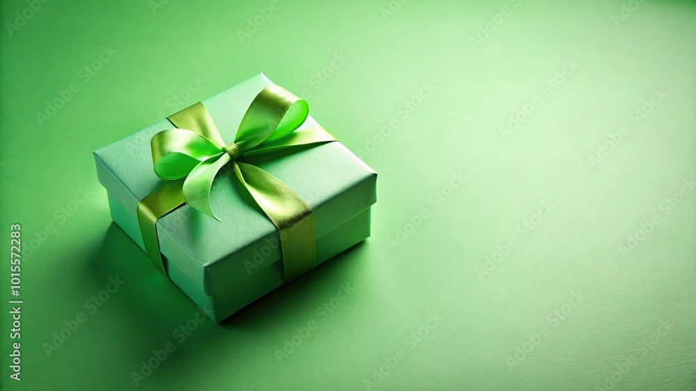 Gift box with green bow on colorful background tilted angle Gift box with green bow on colorful background tilted angle