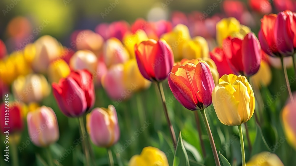 A field of tulips in full bloom, with colors ranging from red to yellow to pink A field of tulips in full bloom, with colors ranging from red to yellow to pink