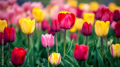 A field of tulips in full bloom, with colors ranging from red to yellow to pink