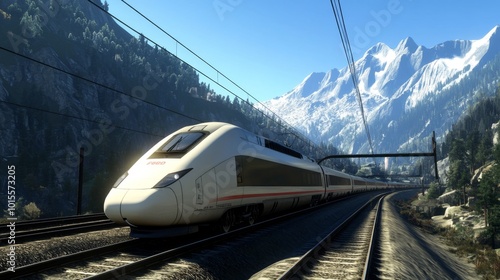 High-Speed Train Near Snowy Mountain Landscape photo