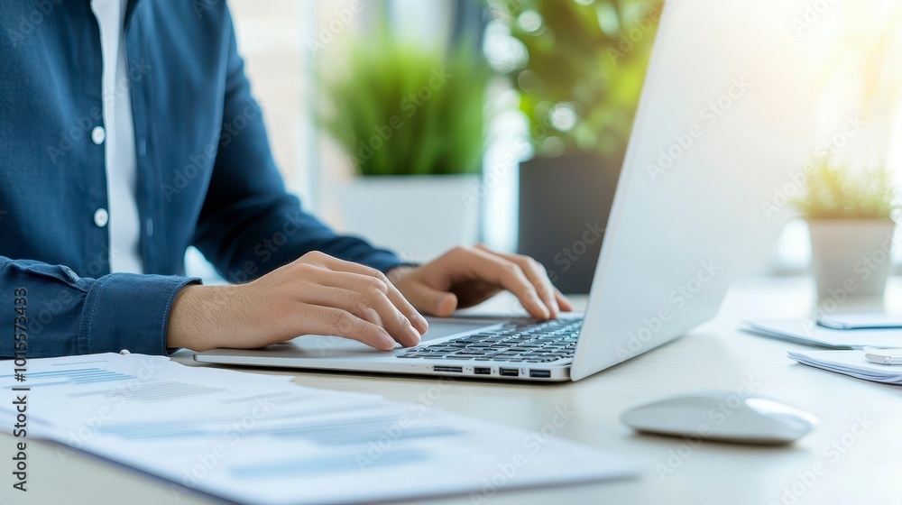 A person typing on a laptop at a desk with documents and plants in the background. A person typing on a laptop at a desk with documents and plants in the background.