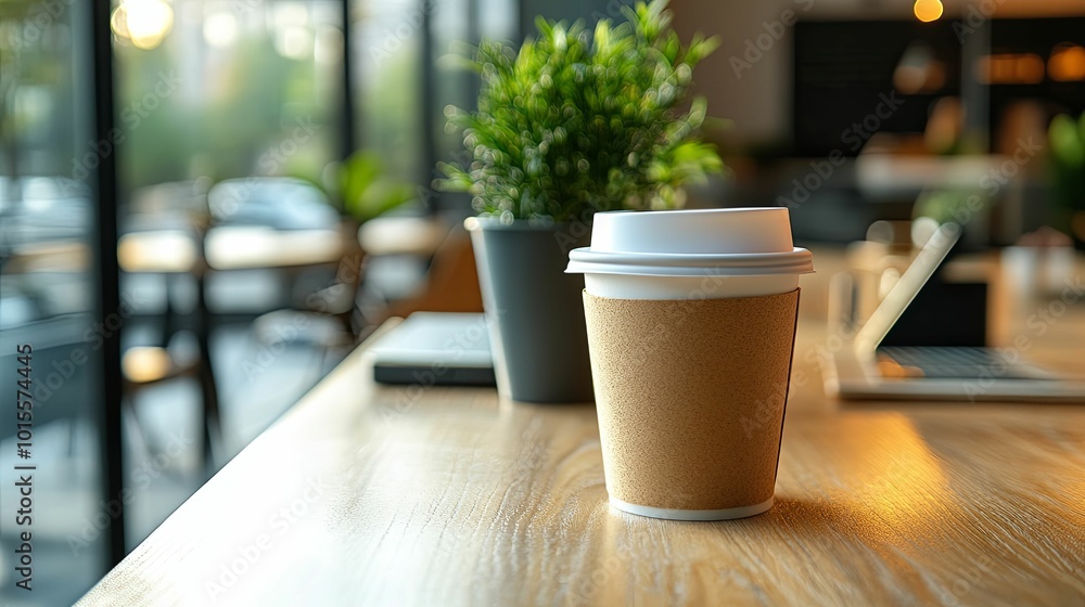 A Disposable Coffee Cup on a Wooden Table in a Cafe A Disposable Coffee Cup on a Wooden Table in a Cafe