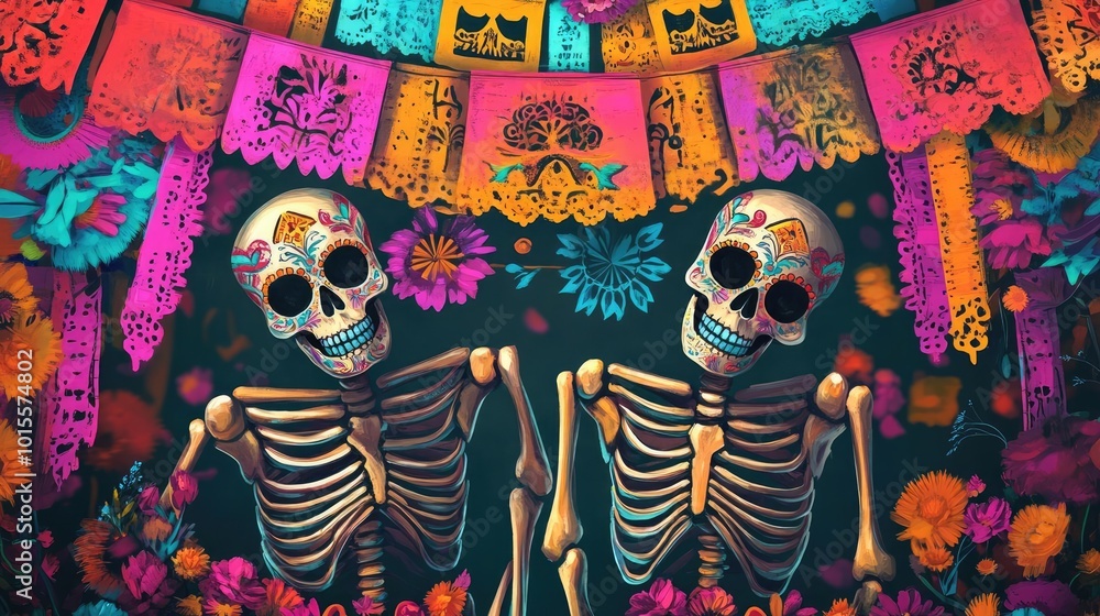 Colorful skeletons celebrate life and death with vibrant papel picado banners and floral decorations, reflecting rich cultural traditions. Colorful skeletons celebrate life and death with vibrant papel picado banners and floral decorations, reflecting rich cultural traditions.