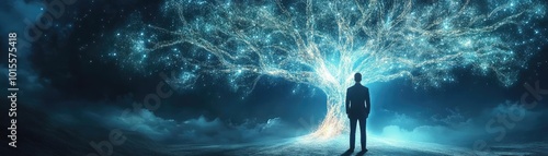 A surreal scene of a person standing before a glowing tree, symbolizing growth and connection in a mystical landscape.
