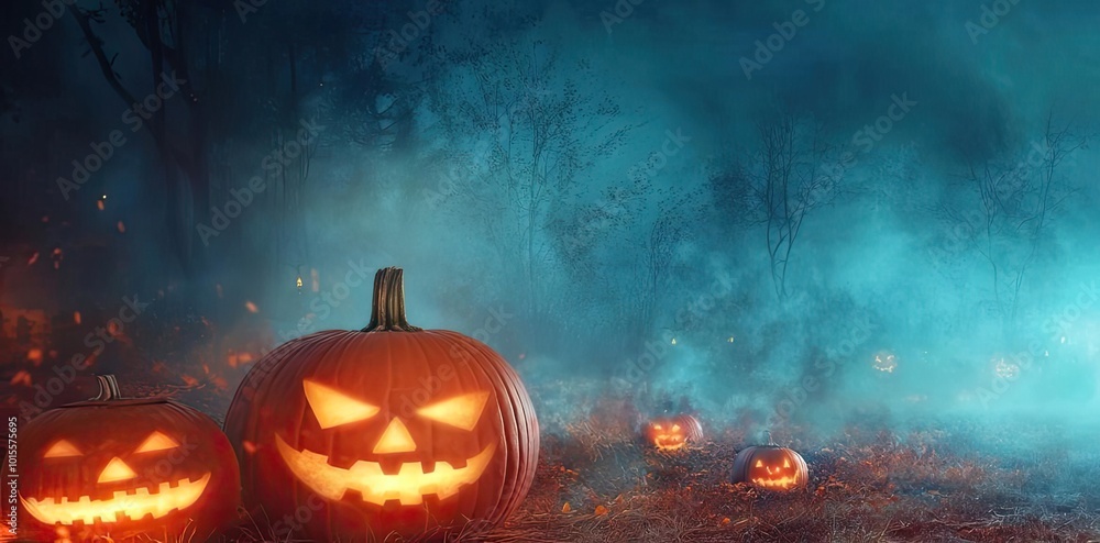 Naklejka premium A spooky Halloween scene featuring glowing jack-o'-lanterns surrounded by fog and eerie shadows in a dark forest.