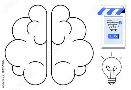 Brain next to mobile shopping app and lightbulb. Ideal for creativity, eCommerce, innovation, technology and consumer behavior. Clean and simple style