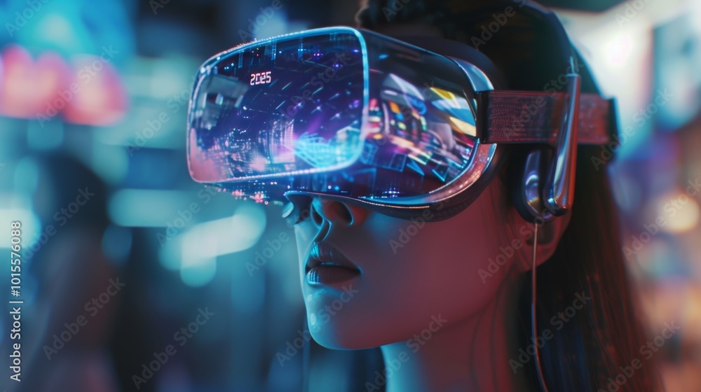 Close-up of a young woman wearing a futuristic VR headset in a neon-lit environment. The reflections on the headset and the vibrant lights create an immersive, high-tech atmosphere. Close-up of a young woman wearing a futuristic VR headset in a neon-lit environment. The reflections on the headset and the vibrant lights create an immersive, high-tech atmosphere.