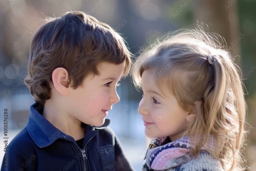 Cute little boy and girl in the park on a sunny winter day Cute little boy and girl in the park on a sunny winter day