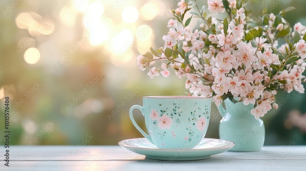 A serene scene featuring a floral cup beside a vase of blossoms, evoking tranquility. A serene scene featuring a floral cup beside a vase of blossoms, evoking tranquility.